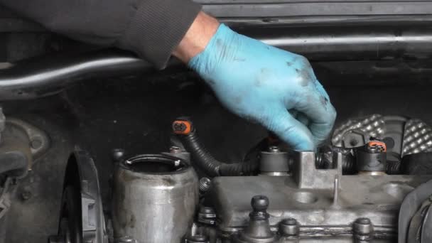 Mecánico de coche trabajando bajo el capó o el capó — Vídeo de stock