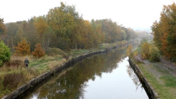 Homme promenant un chien sur le côté de la rivière — Video