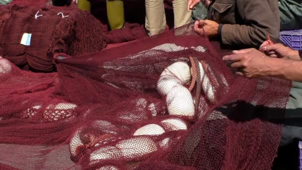 Fishermen repairing fishing nets — Stock Video