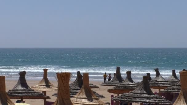 Sombrillas de paja en la playa — Vídeos de Stock