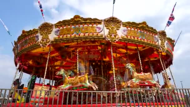 Colorful Carousel Merry Roundabout Social Distancing Screens Fitted Spinning Low — Stock Video