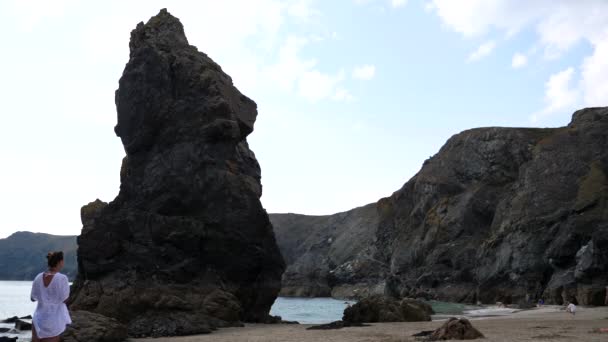 Vista Posteriore Della Donna Che Scatta Foto Alla Famosa Spiaggia — Video Stock