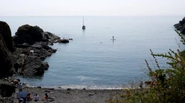 Cornwall 'daki küçük çakıllı plajda kimliği belirsiz birkaç kişinin yüksek açılı görüntüsü. Cadgwith Koyu' nda kürek çeken bir adam var..