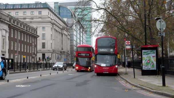 Londres Inglaterra Reino Unido Circa Noviembre 2020 Grupo Icónicos Autobuses — Vídeos de Stock