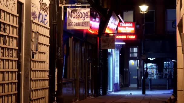 ロンドン イングランド イギリス Circa 2020年11月 エロティックマッサージのパーラーは 有名なロンドンの夜に明るく点灯彼らの電話番号を表示しますソーホー赤ライト地区 — ストック動画