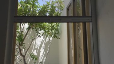Tropikal iklimli bir kır evinin bahçe kapısına sineklik asıyorlar..