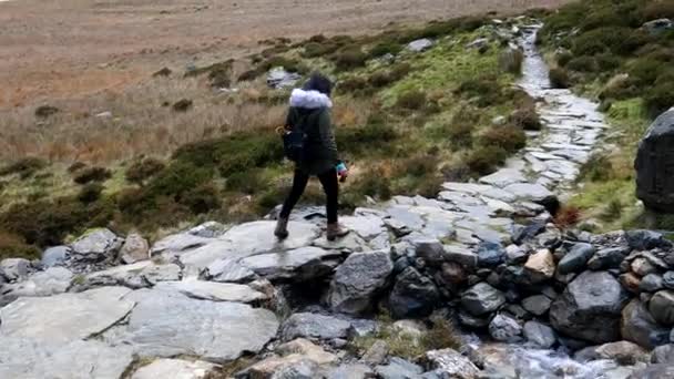 Kobieta Plecakiem Spacerująca Ostrożnie Śliskiej Kamiennej Ścieżce Nad Jeziorem Llyn — Wideo stockowe
