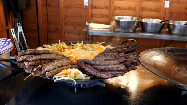 Chicken Lamb Kebab Sausages Onions Being Heated Large Frying Pan — Stock Video