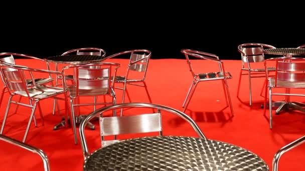 Event place, empty tables and chairs, red floor — Stock Video