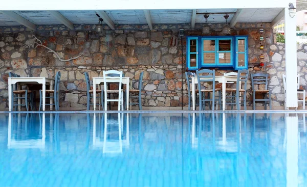 Wall, tables, chairs and reflections in the blue swimming pool water — Stock Photo, Image