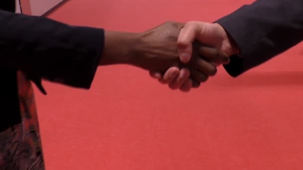 Manliga och kvinnliga handslag på röd bakgrund — Stockvideo
