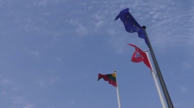 Ulusal Litvanya dili ve Avrupa Birliği AB bayrakları sallayarak gökyüzünde