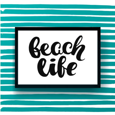 Vektör trendy el yazı poster. Mavi çizgiler üzerine elle çizilmiş hat 'beach life' şablonu poster. kavram el yazısı poster