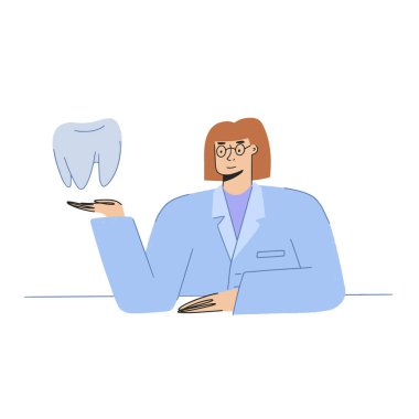 Diş hekimi. Vektör karakter profesyonel hastane çalışanları. Beyaz arka planda izole edilmiş kadın çizgi film düz konsepti. Tıbbi sağlık hizmeti kavramı.