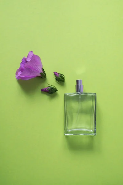 Transparante fles parfum met spray en paarse hibiscus bloemen op een gele groene achtergrond — Stockfoto