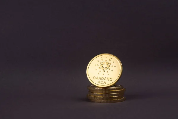 Złota moneta Cardano na ciemnoszarym tle. — Zdjęcie stockowe