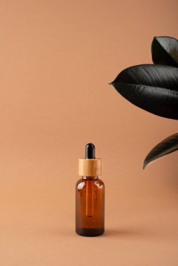 Bej arka planda bambu kapaklı Amber cam damlası şişesi ve yeşil bitki.