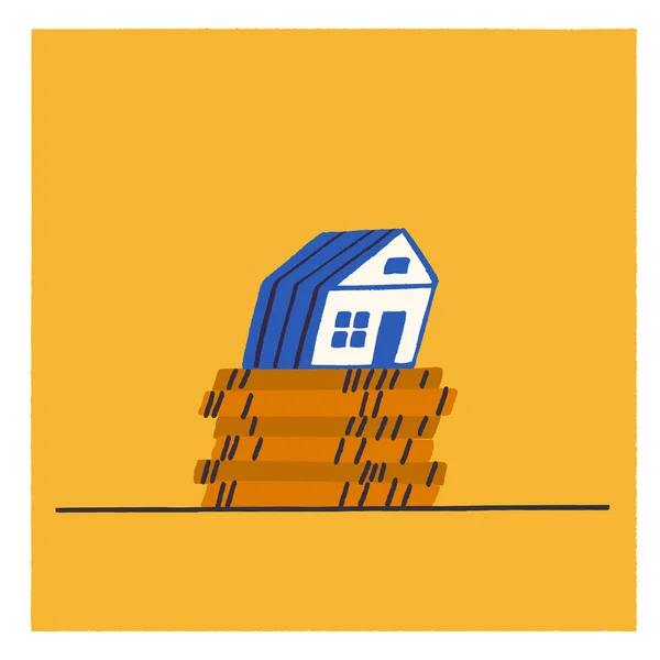 Blue house with a stack of coins in flat style vector illustration. — Stock Vector