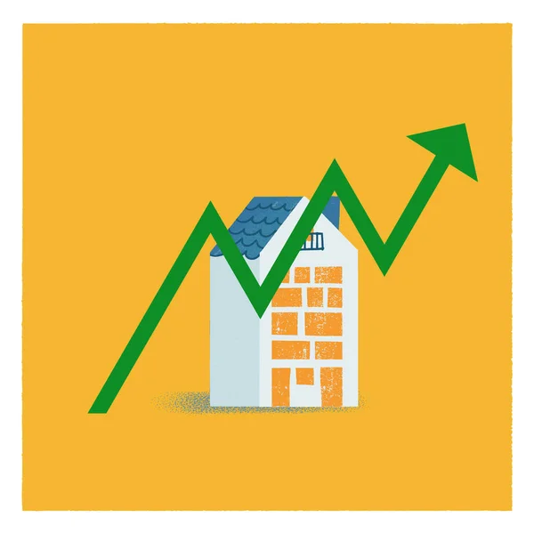 Casa albastră și portocalie în stil plat. Creșterea prețurilor locuințelor, valoarea imobiliară . — Vector de stoc