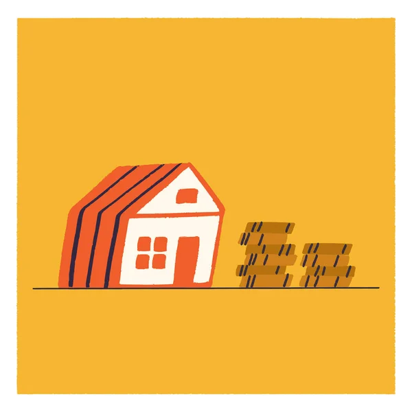 Orange house with a stack of coins in flat style vector illustration. — Stock Vector