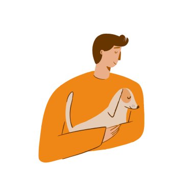 Bir adam kucağında sevimli bir köpek tutuyor..