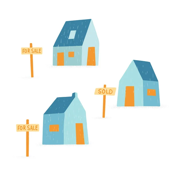 Färgade byggnader med en skylt till salu och säljs. Affärsidé inom fastigheter, hypotekslån, hyra. — Stock vektor