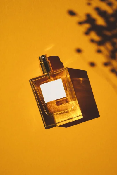 Transparent bottle of perfume on an orange background. Fragrance presentation with daylight — Stock Photo, Image