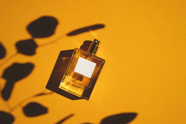 Frasco transparente de perfume sobre fondo naranja. Presentación de fragancias con luz natural —  Fotos de Stock