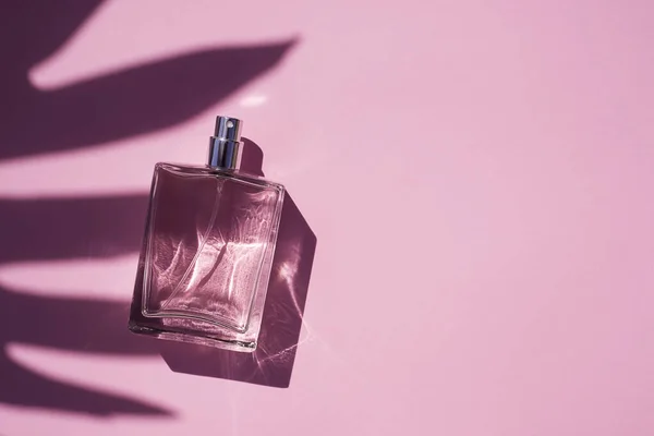 Прозора пляшка парфумів на рожевому фоні. Трендова концепція в натуральних матеріалах з тіні листя долоні . — стокове фото