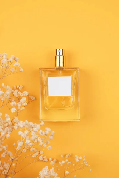 Transparante fles parfum met spray op oranje oppervlak. Helder glas zonder deksel — Stockfoto