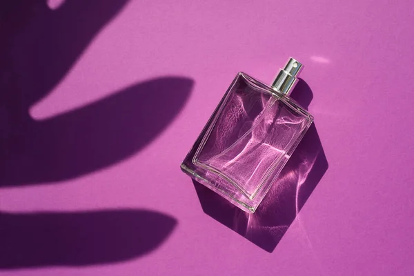 Transparent bottle of perfume on a purple background. Trending concept in natural materials with palm leaves shadow. — Stock Photo, Image