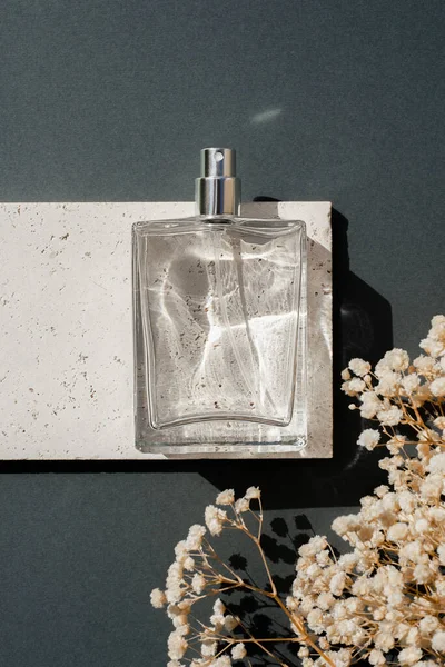 Прозора пляшка парфумів на кам'яній тарілці на сірому фоні. Презентація аромату з денним світлом . — стокове фото