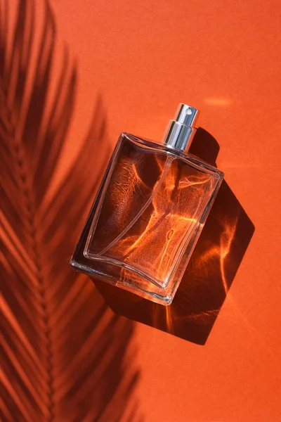 Transparante fles parfum op een terracotta kleur achtergrond. Parfumpresentatie bij daglicht. — Stockfoto