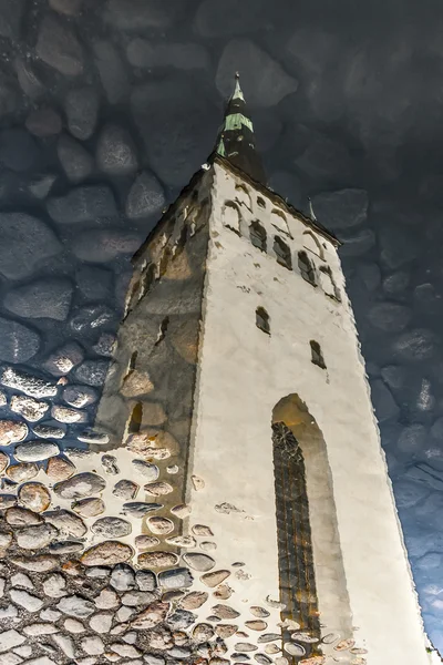 Church tower reflection on water — Stock Photo, Image