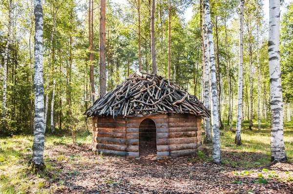 Capanna in legno nella foresta di betulle — Foto Stock