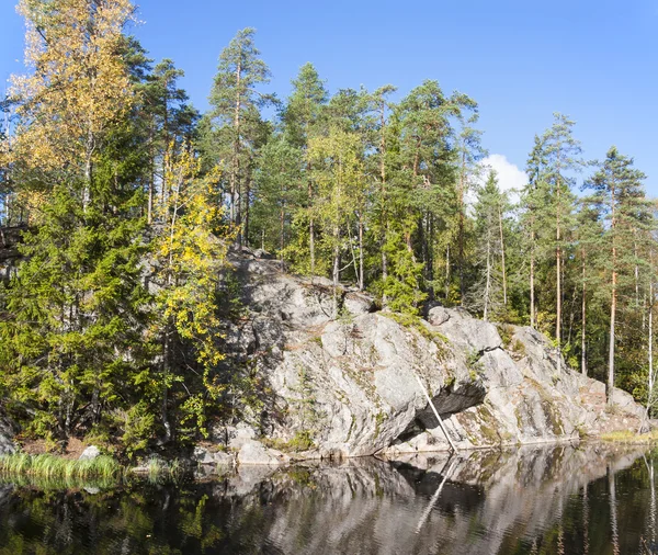 Cliff omgeven door bos in de buurt van lake — Stockfoto