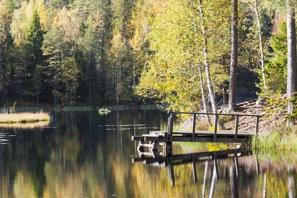 Brug in een meer in kleurrijke herfst bos — Stockfoto