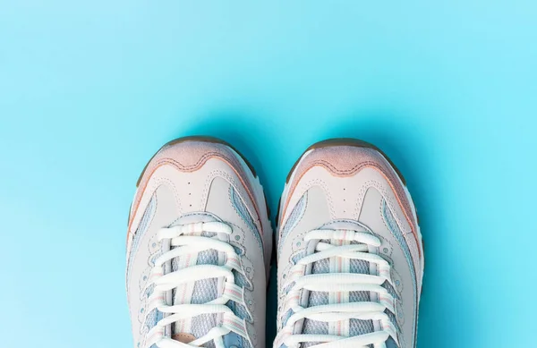 Pastel Sneakers Blue Background Copy Space Top View — Stock Photo, Image