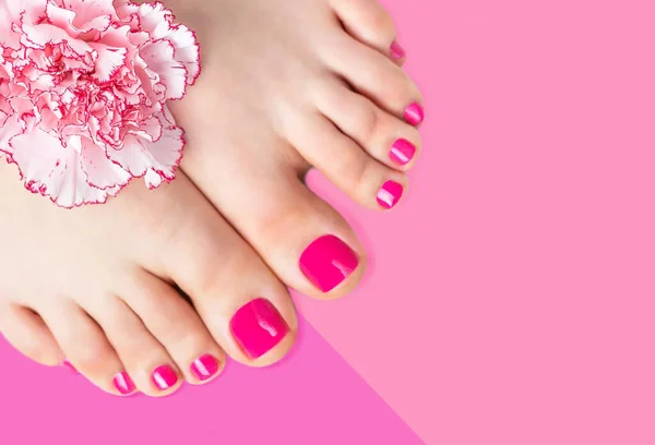 Pedicure with a flower on a pink background, copy space