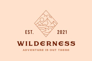 Wilderness logo, outdoor adventure badge, hiking and camping concept, icon on white background, simple vector illustration