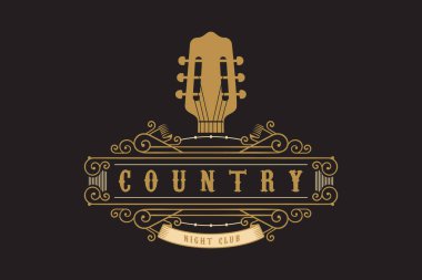 Country Guitar Music Vintage Retro Bar Kovboy Logosu Tasarımı
