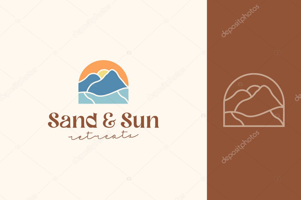 Minimalist sand and sun mountain logo design premium