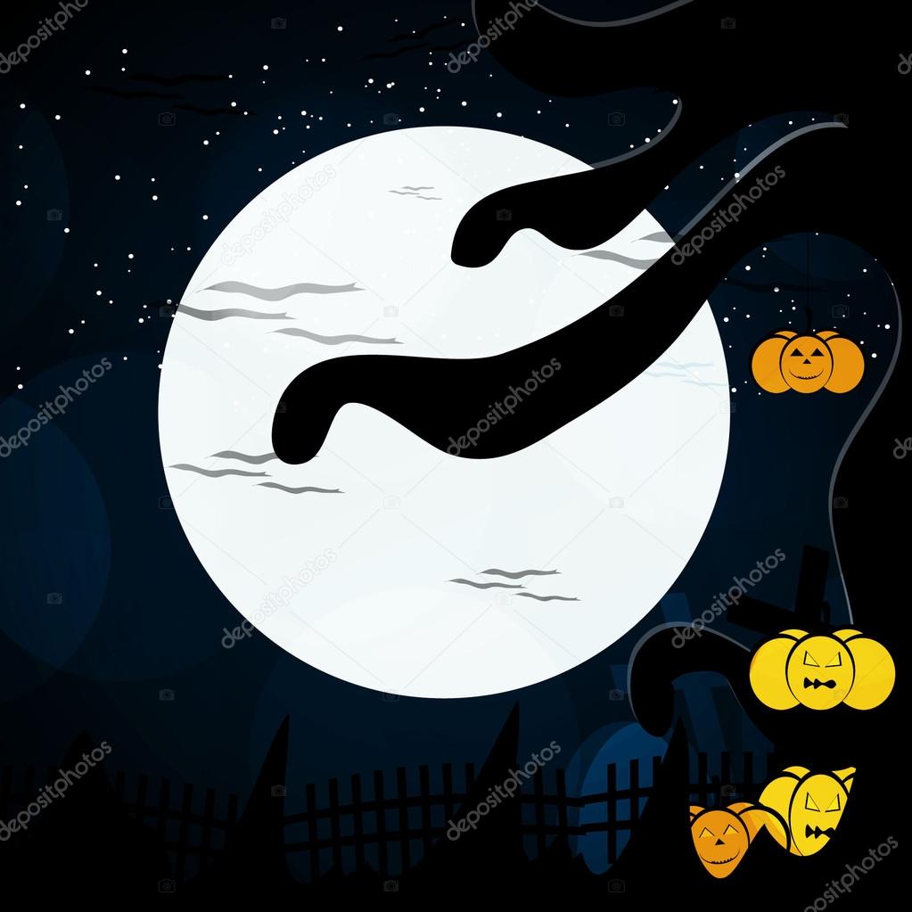 Halloween night scary pumpkin and full moon.