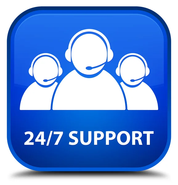 24 / 7 Supporto (icona del team di assistenza clienti) pulsante quadrato blu — Foto Stock