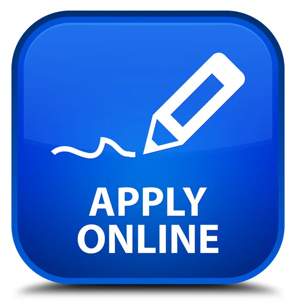 Aplicar on-line (editar ícone caneta) botão quadrado azul — Fotografia de Stock
