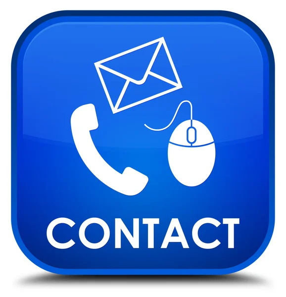 Contato (telefone, e-mail e ícone do mouse) botão quadrado azul — Fotografia de Stock