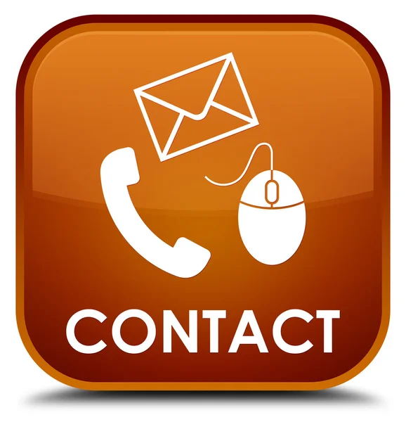 Контактна інформація (телефон, електронна пошта та піктограма миші) коричнева квадратна кнопка — стокове фото