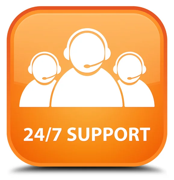 24 / 7 Support (Kundenbetreuungsteam-Symbol) orange quadratische Taste — Stockfoto