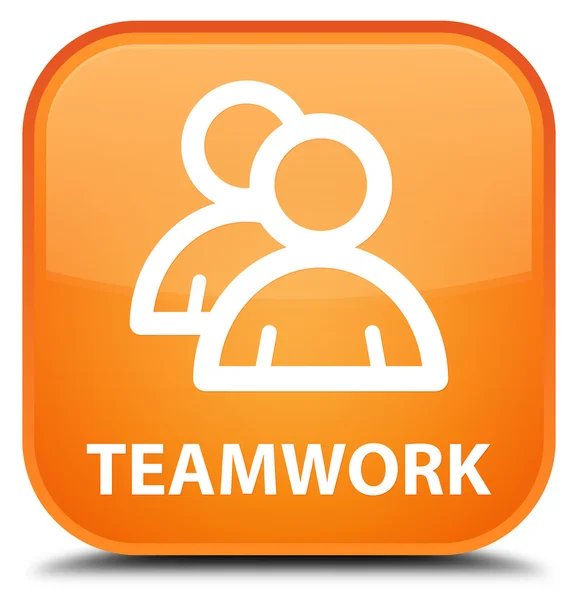 Trabalho em equipe (ícone de grupo) botão quadrado laranja — Fotografia de Stock
