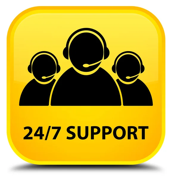 24 / 7 Supporto (icona del team di assistenza clienti) pulsante quadrato giallo — Foto Stock